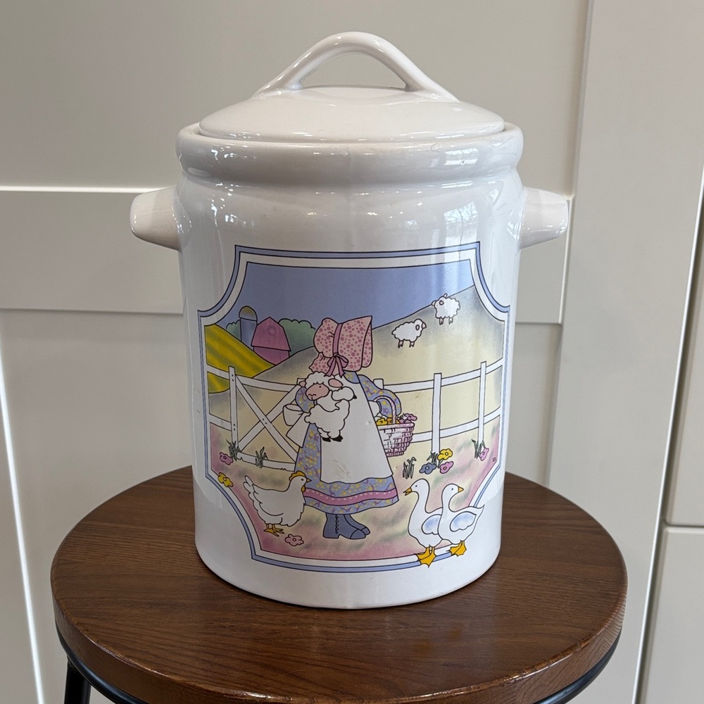 Vintage White Ceramic Canister Jar with Pastel Farmgirl Scene